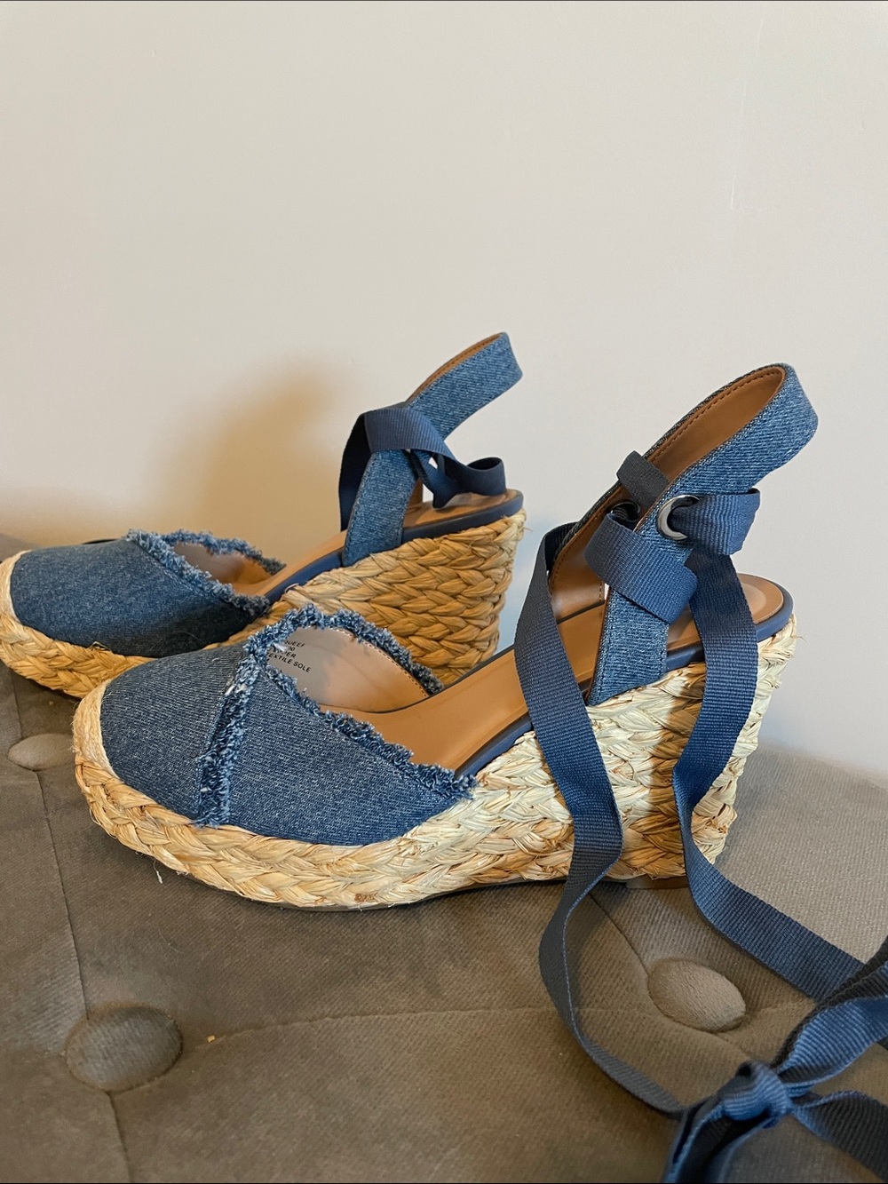 INC International Concepts Denim Espadrille Wedge Sandals with Navy Ankle Wrap